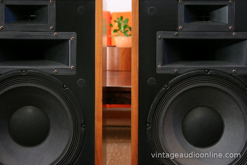 Close-up of the woofers and horns on a pair of Klipsch Heresy II speakers